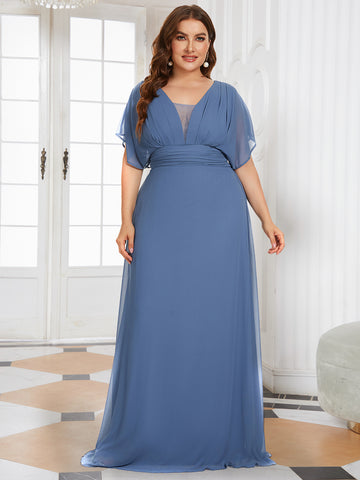 Plus Size Empire Waist Chiffon Formal Maxi Prom Dress with Sleeves
