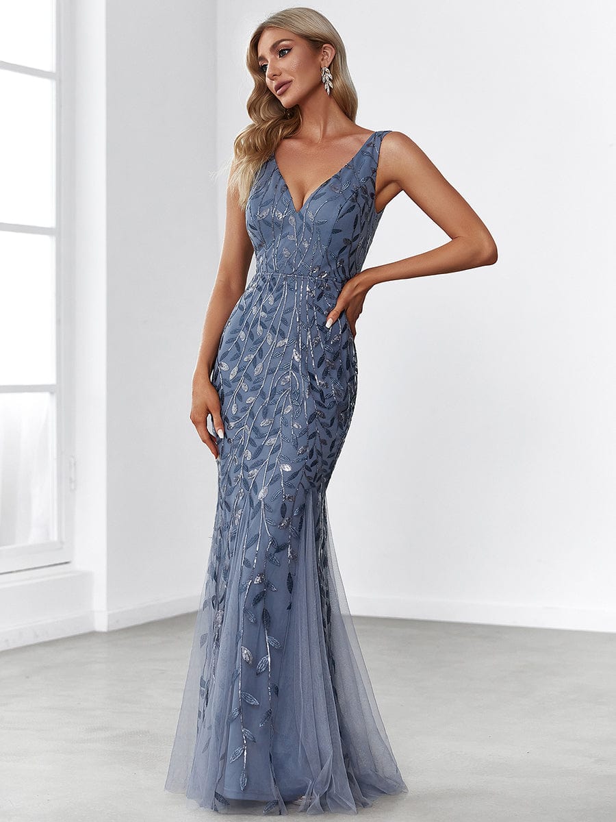 Women's Double V-Neck Fishtail Sequin Evening Dress