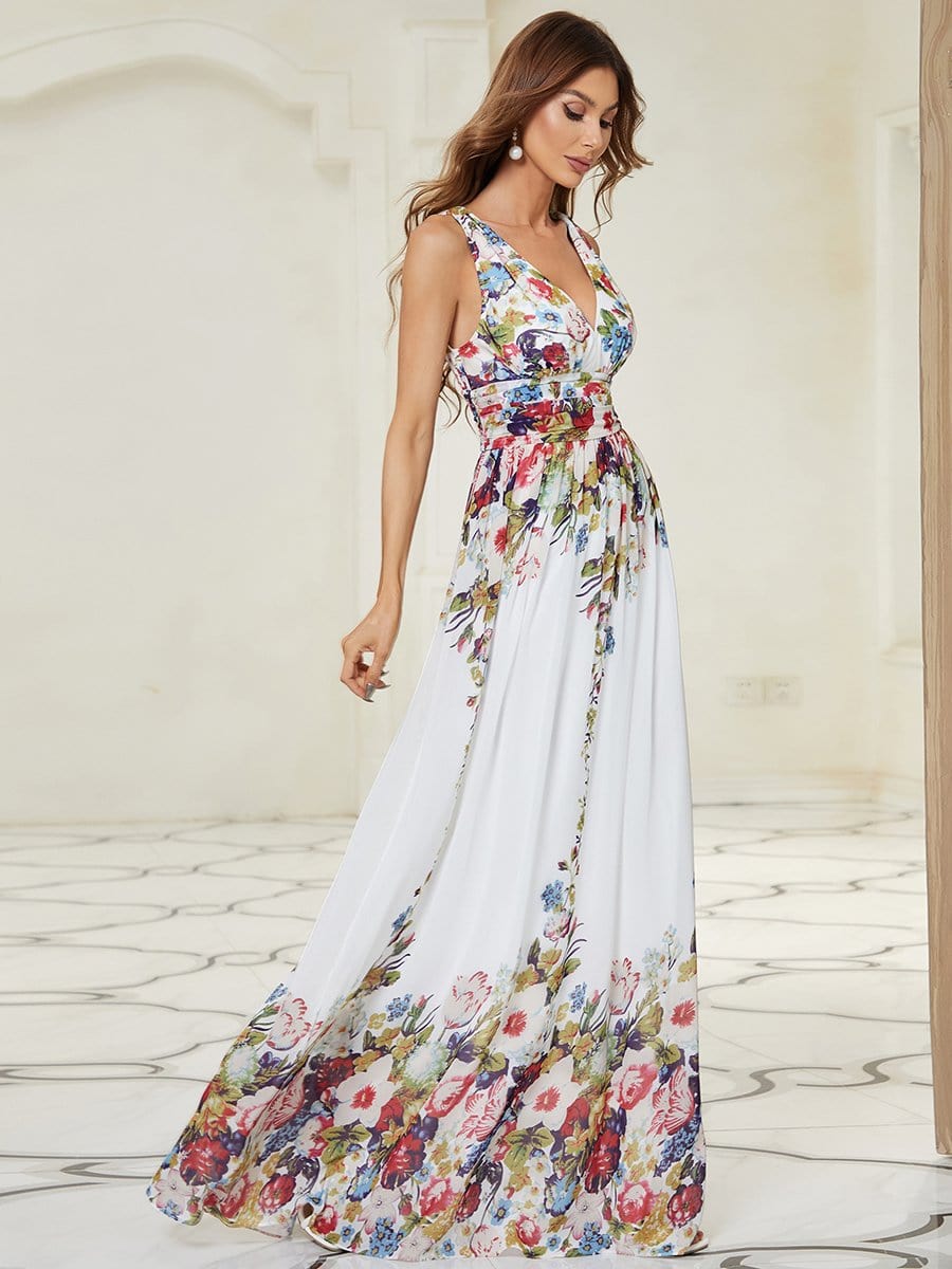 Pleated Sleeveless V-Neck Chiffon Maxi Dress