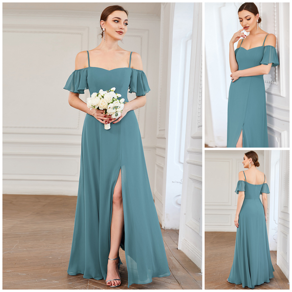 Dusty Blue Cold Shoulder Flare Sleeves Flowy Bridesmaid Dress