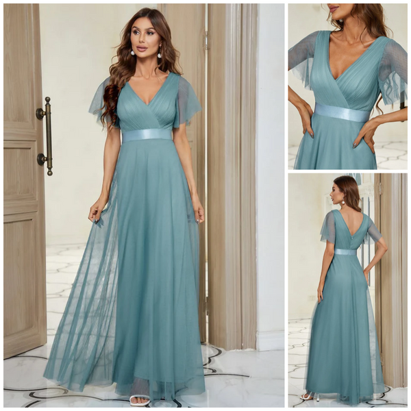Dusty Blue Double V-Neck Floor-Length Short Sleeve Tulle Bridesmaid Dresses