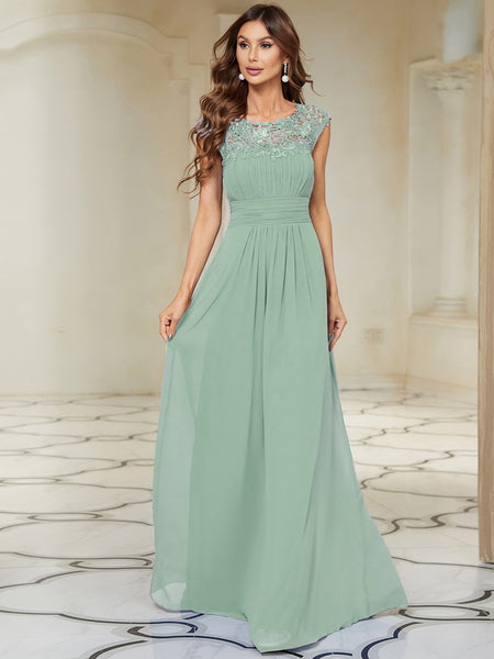 Classic Sage Green Maxi Long Lace Cap Sleeve Bridesmaid Dress