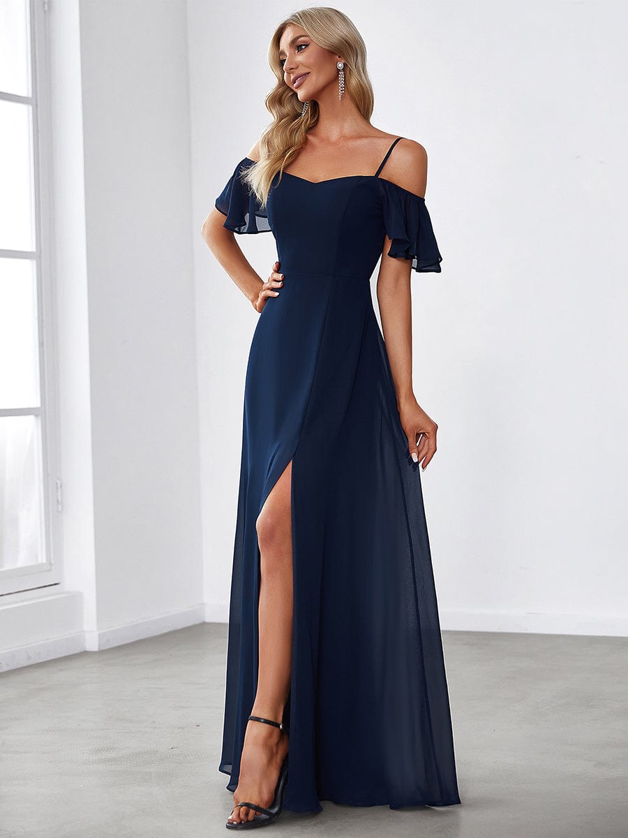 Stylish Cold Shoulder Flare Sleeves Flowy Bridesmaid Dress