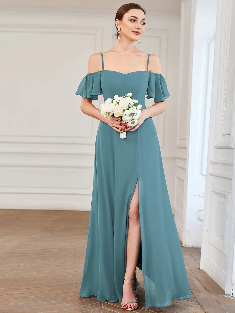 cold shoulder chiffon dresses for casual weddings