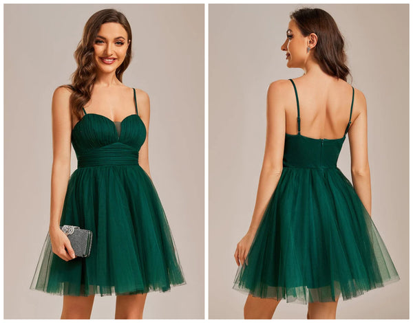 Dreamy Spaghetti Strap Tulle Short Pleated Dark Green Homecoming Dress