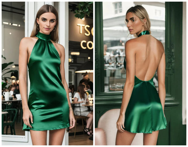 Stretchy Halter Open Back A-Line Satin Dark Green Short Homecoming Dress