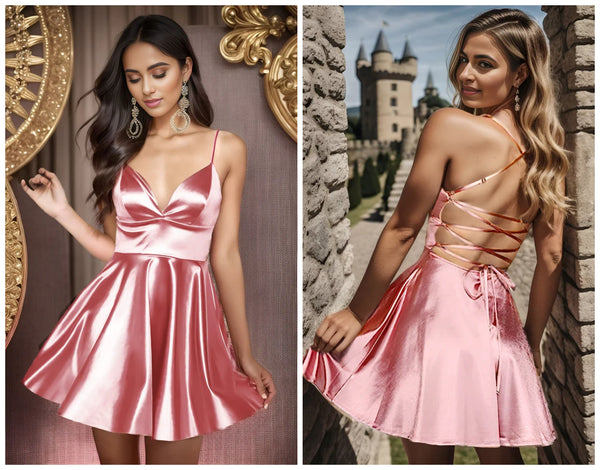 Spaghetti Strap A-Line Back Lace-Up Short Pink Homecoming Dress