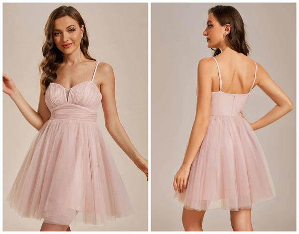 Dreamy Spaghetti Strap Tulle Short Pleated Pink Homecoming Dress