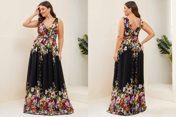 Plus Size Floral Print Sleeveless V-Neck Chiffon Maxi Dress