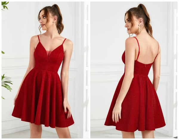 Fancy Shiny Deep V Neck Above Knee Length Red Homecoming Dress