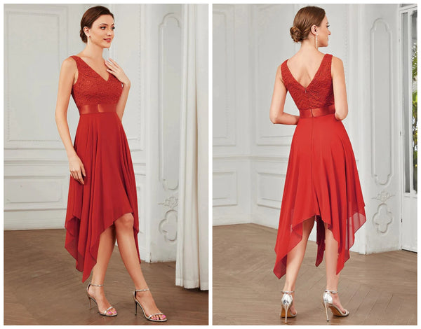 Stunning V Neck Red Lace Dress with Asymmetrical Hem