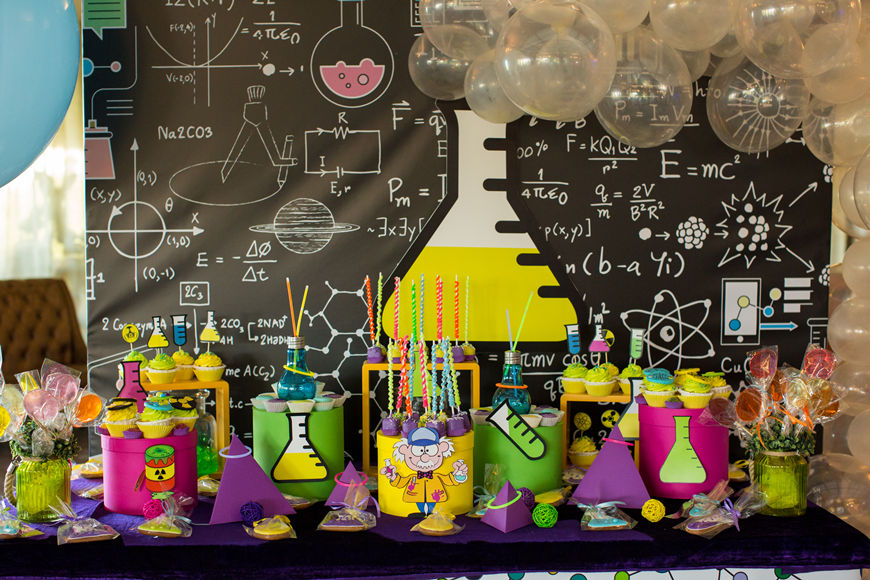 science-birthday-party-candy-bar-and-decor-with-a-cake-and-cupcakes-sweets