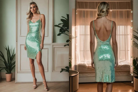 Sparkling Sequin V-Neck Spaghetti Strap Side Slit Cocktail Dress