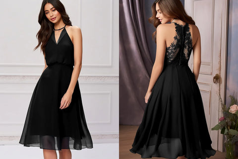 See-Through Chiffon Halter Backless Lace A Line Cocktail Dress