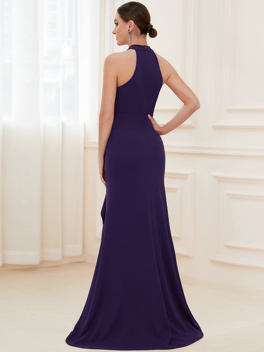 Ruffled Front Slit Cinched Waist Halter Sleeveless Evening Dress