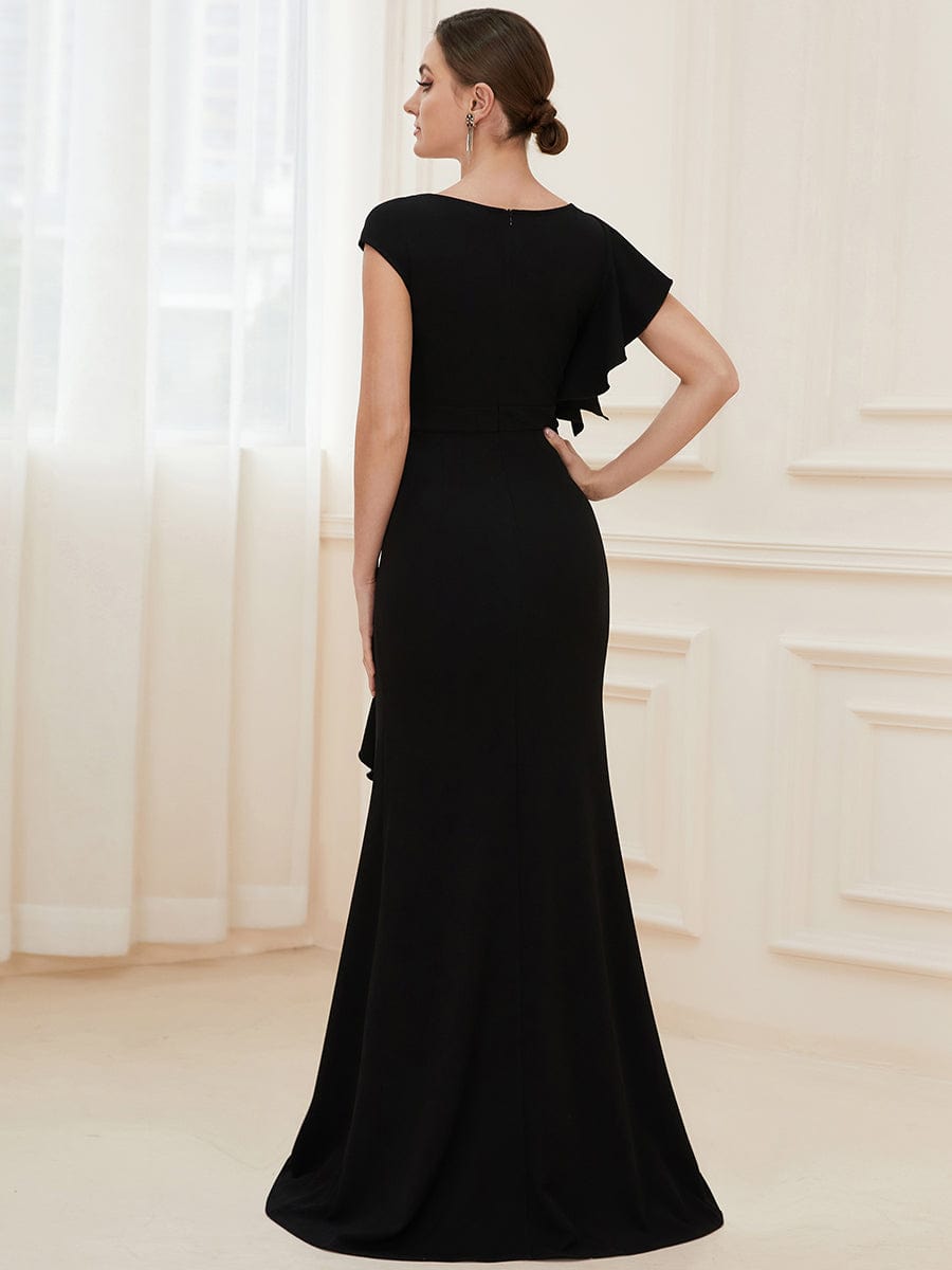 Ruffled Asymmetrical Front Slit Floor-Length Knit Evening Dress