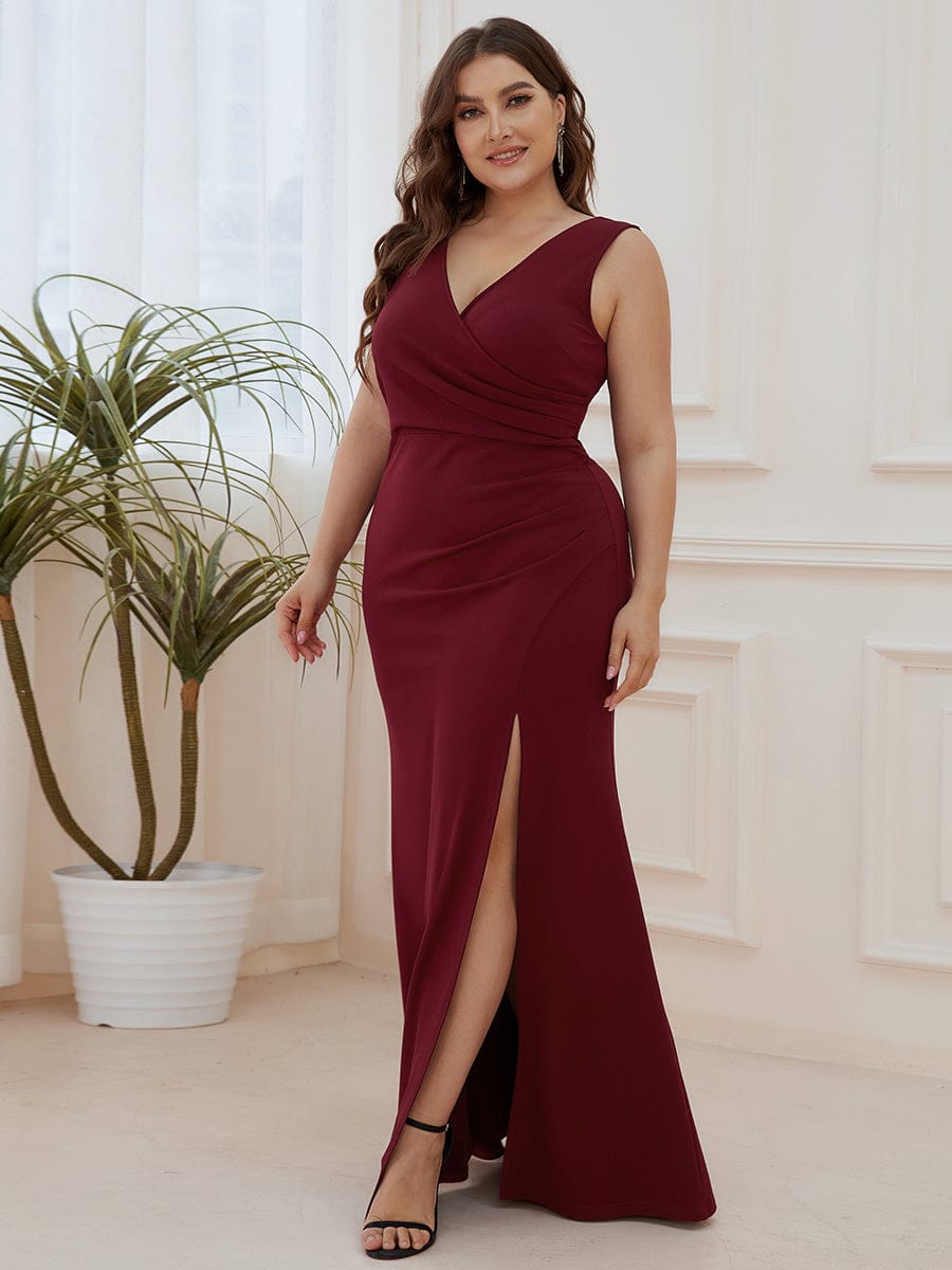 Front High Slit V-Neck Wrap Waist Knit Evening Dress