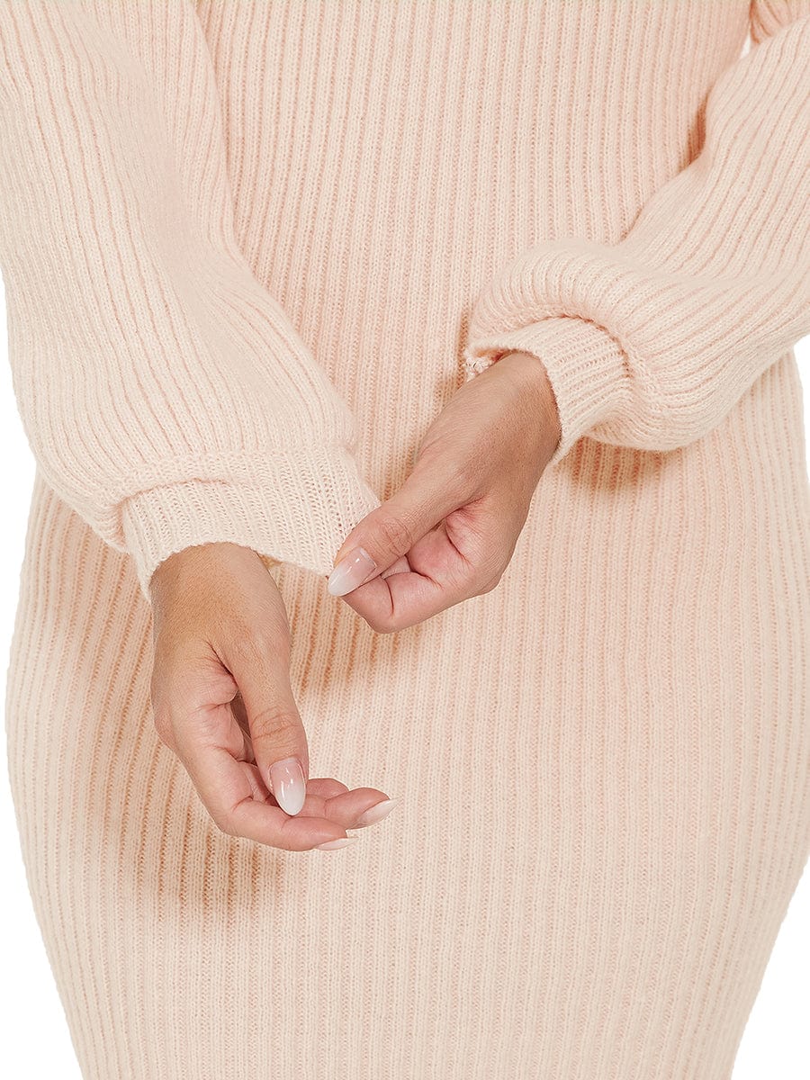 Long Lantern Sleeve Ribbed Knit High Neck Bodycon Sweater Dress