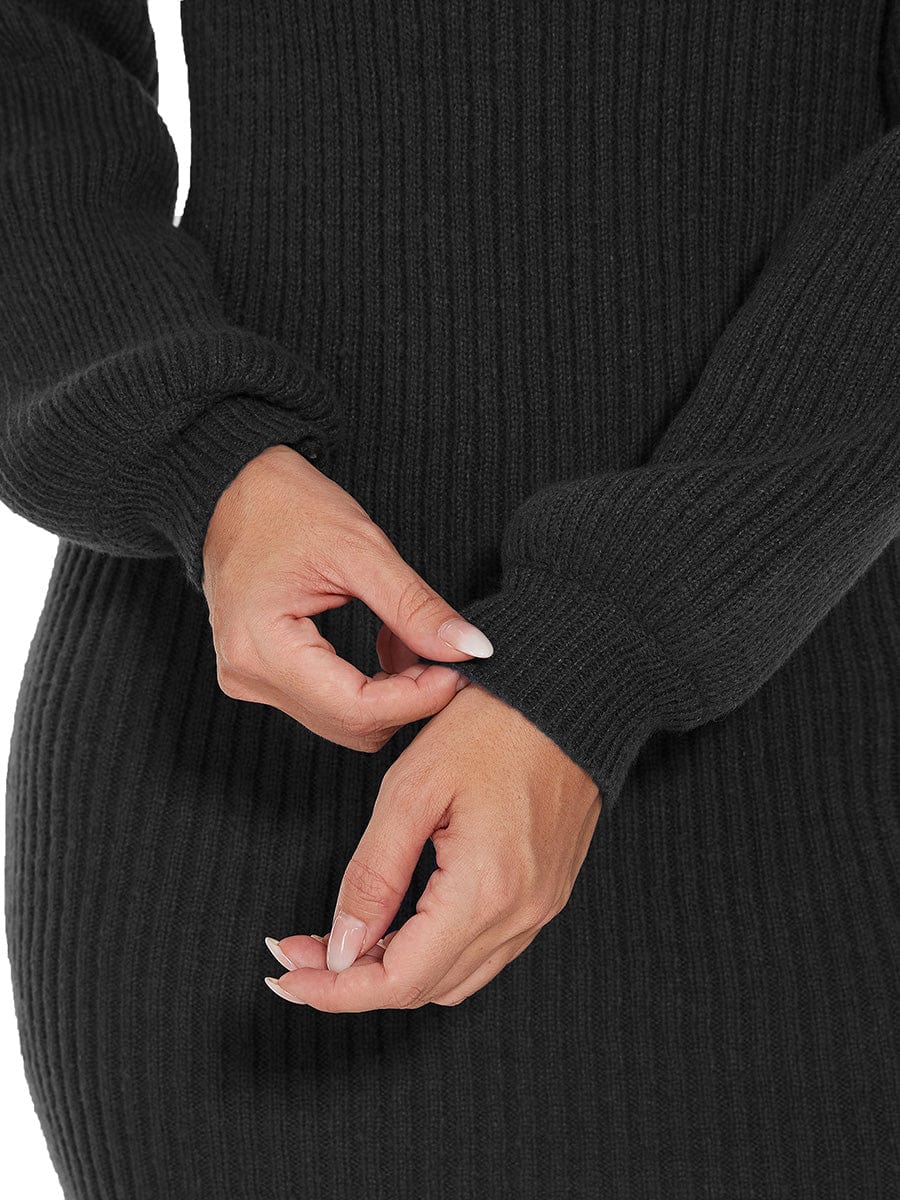 Long Lantern Sleeve Ribbed Knit High Neck Bodycon Sweater Dress