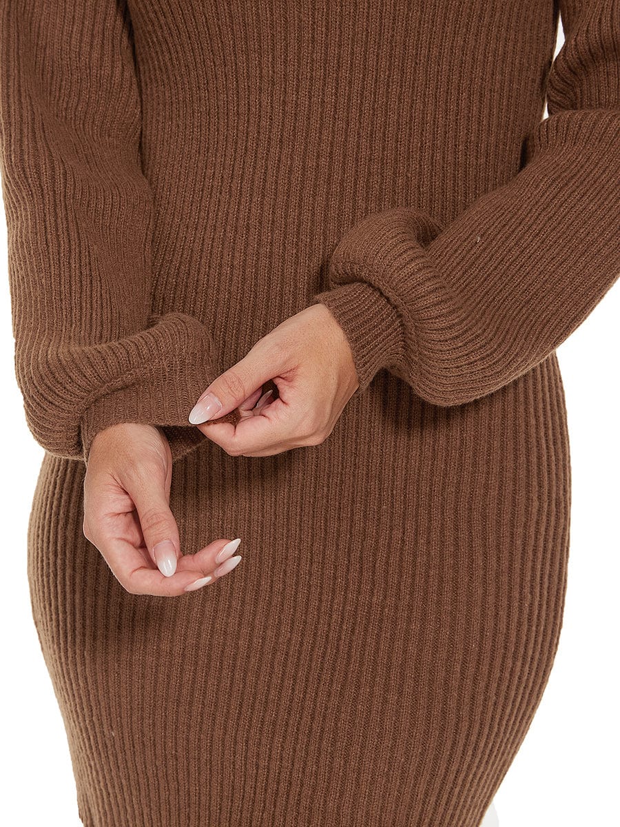 Long Lantern Sleeve Ribbed Knit High Neck Bodycon Sweater Dress