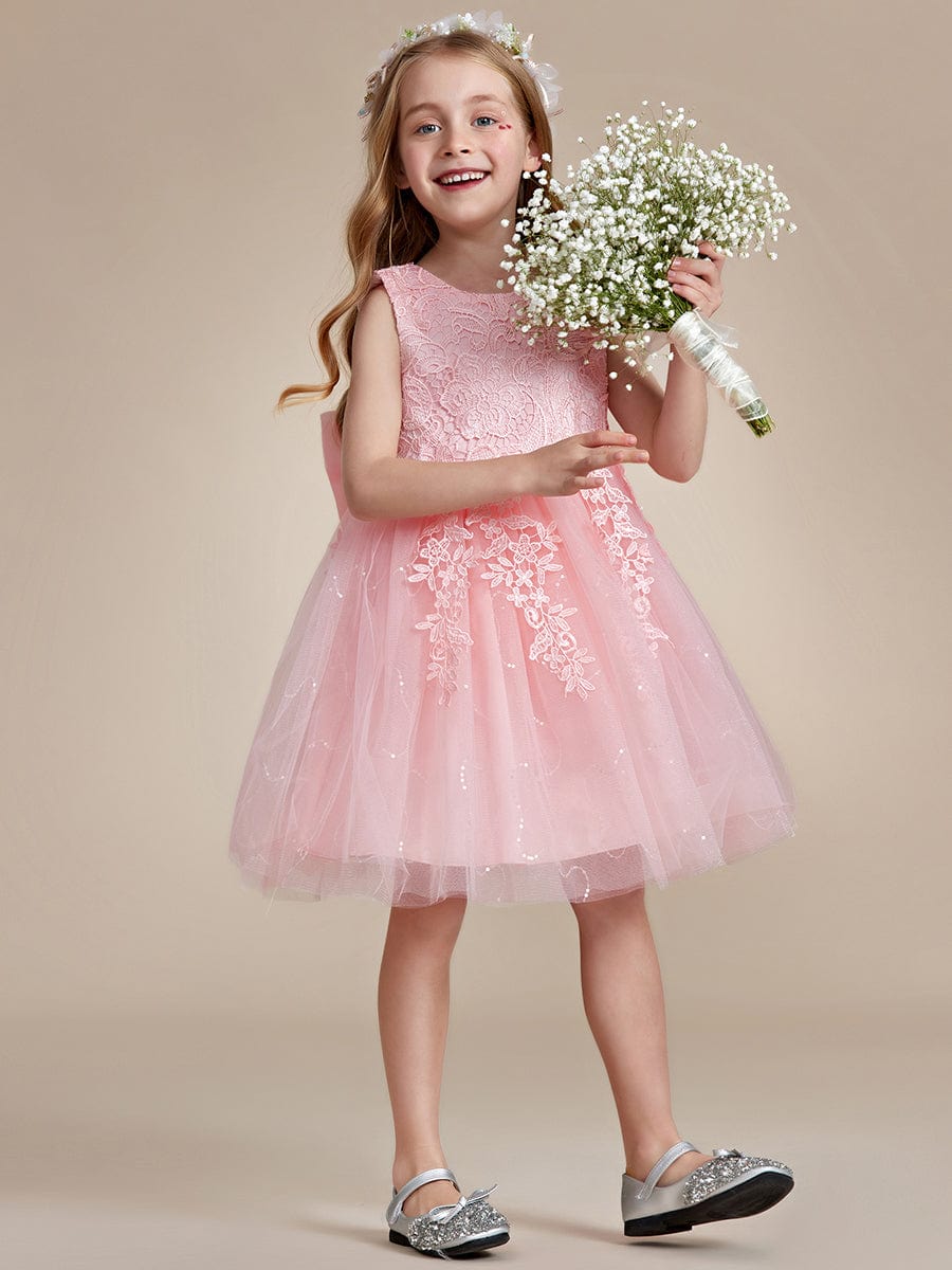 Elegant Lace Sleeveless Embroidered A-Line Flower Girl Dress with Bowknot