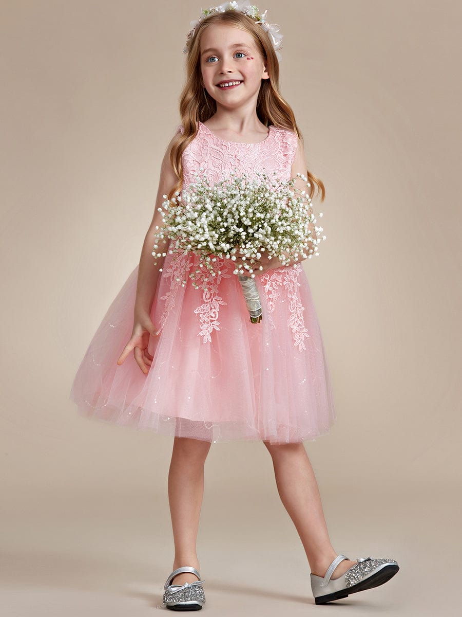 Elegant Lace Sleeveless Embroidered A-Line Flower Girl Dress with Bowknot