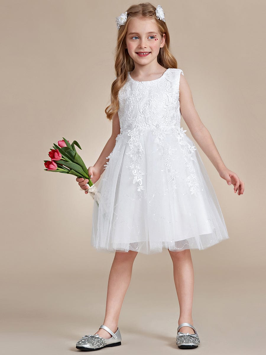 Elegant Lace Sleeveless Embroidered A-Line Flower Girl Dress with Bowknot