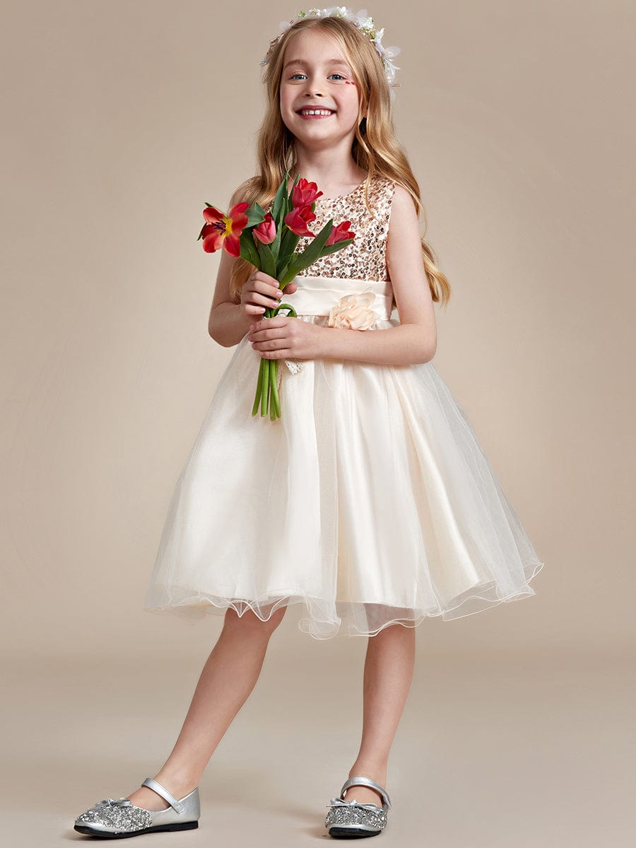 Sequin Bodice Double hemline Short Flower Girl Dress with Bowknot