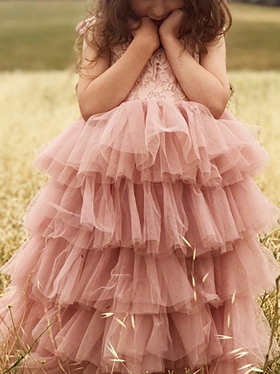 Multi-Layered Tulle Princess Flower Girl Dress with Spaghetti Straps