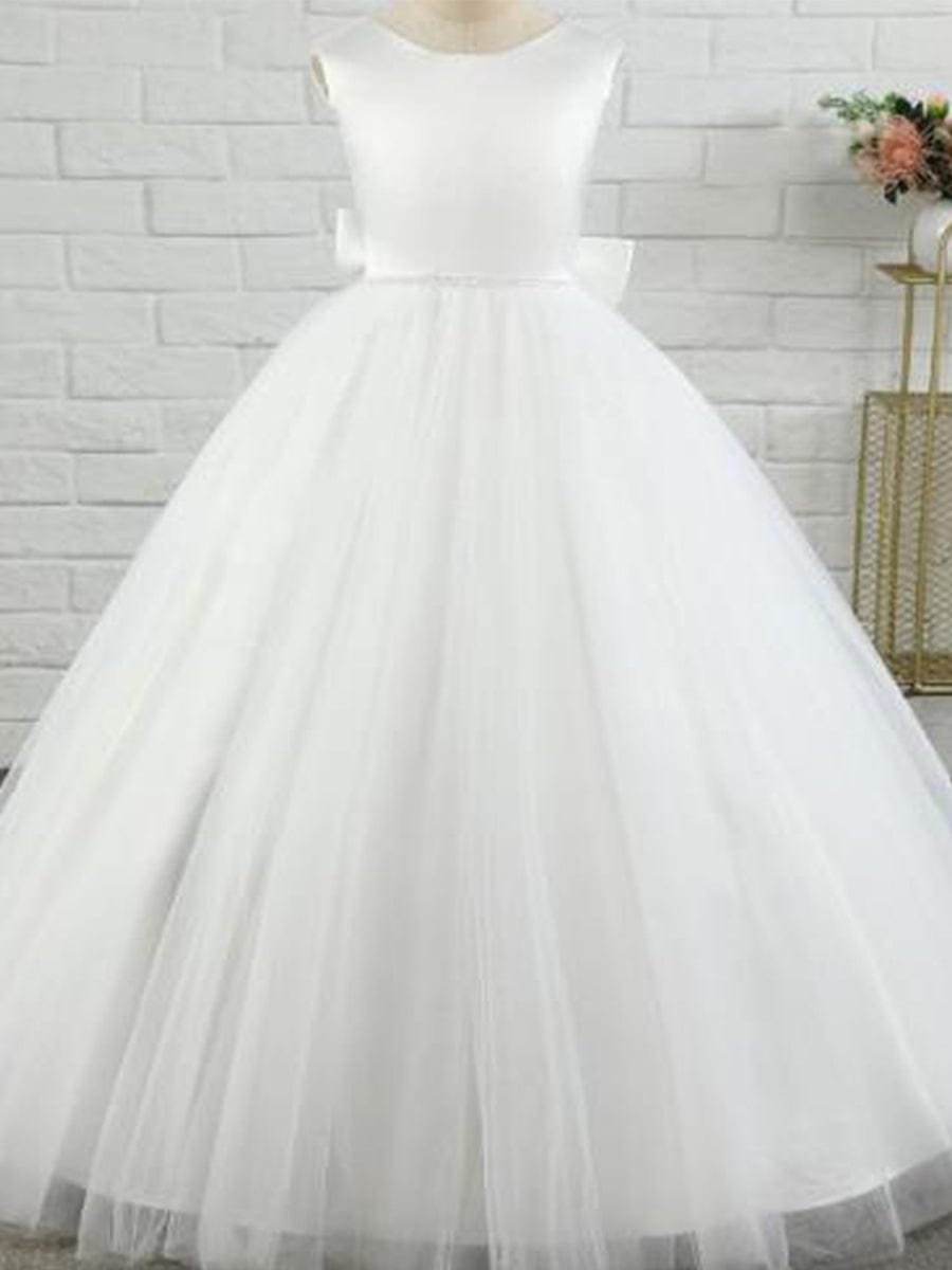 Satin Beaded Tulle Princess Flower Girl Dress With Back Bow