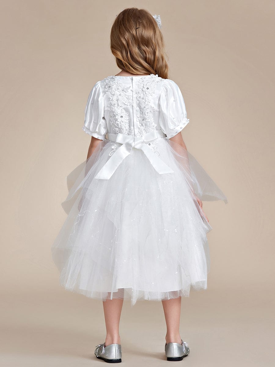 Satin Floral Applique Puff Sleeves Tulle Flower Girl Dress