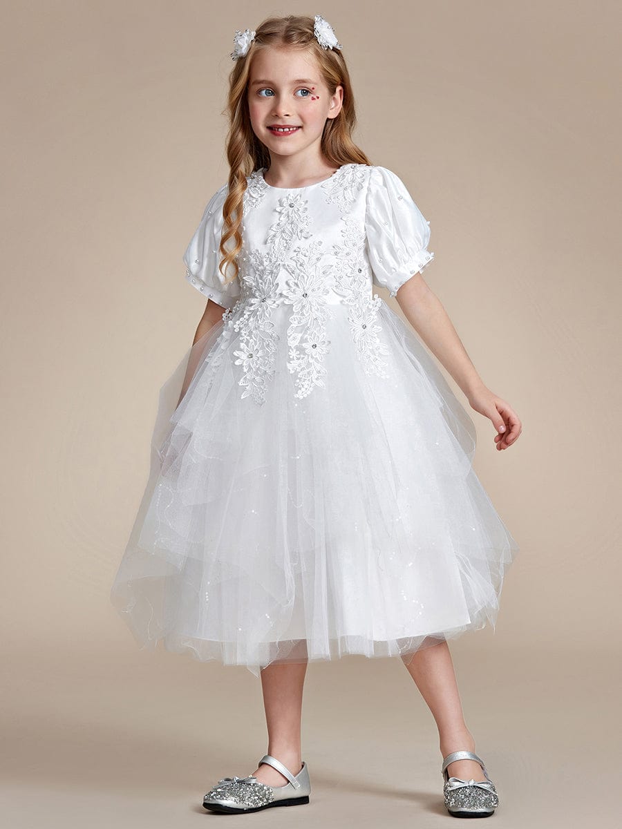 Satin Floral Applique Puff Sleeves Tulle Flower Girl Dress