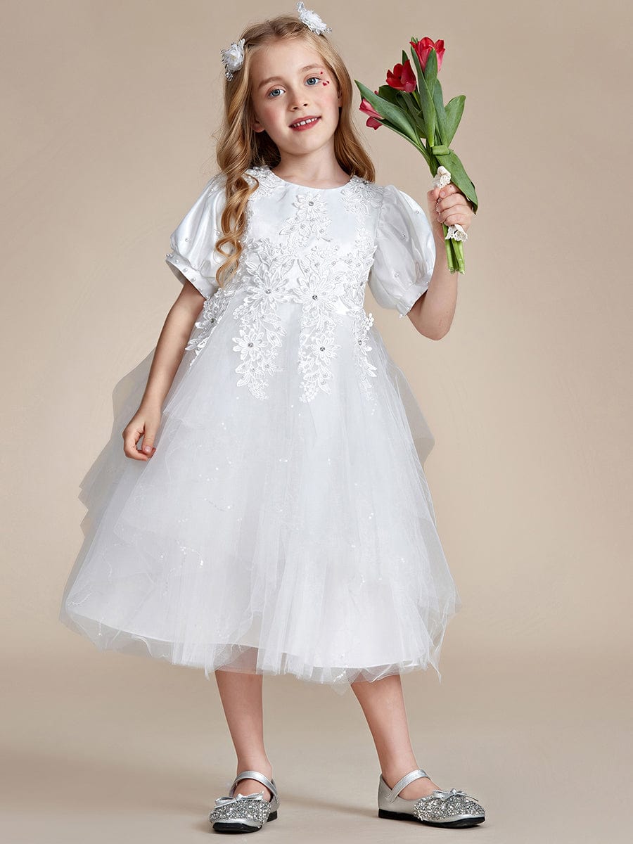 Satin Floral Applique Puff Sleeves Tulle Flower Girl Dress