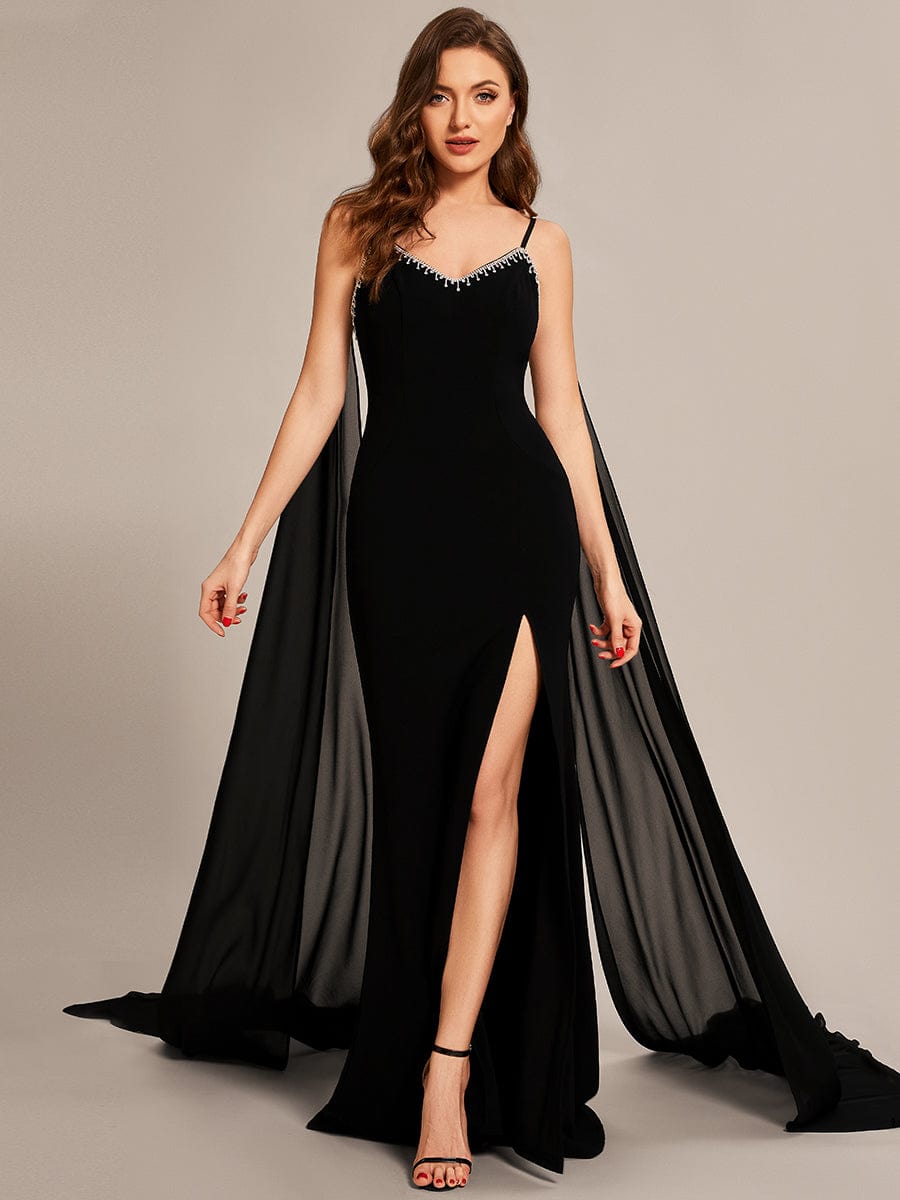 Plus Size Black Lace  Black Evening Gowns With Long Sleeves, Deep V  Neck, Open Back, And Floor Length Split Affordable Formal Wear For Women  From Lovemydress, $131.86