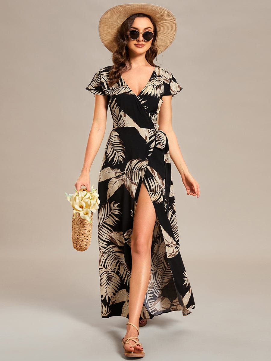 Summer One-Piece Printed Short Sleeve Tie-Waist Wedding Guest Dress