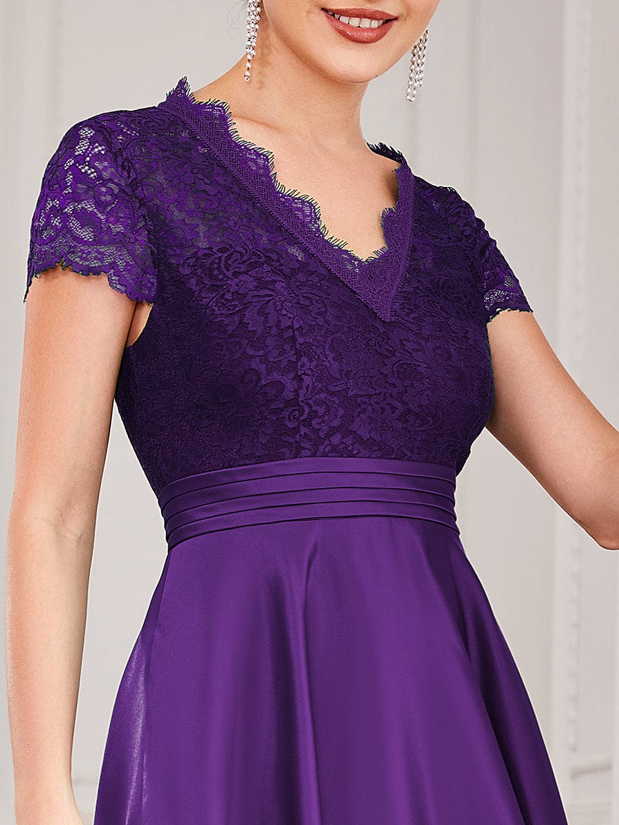 Romantic V-neck Lace Bodice Wedding Guest Dress with Pockets