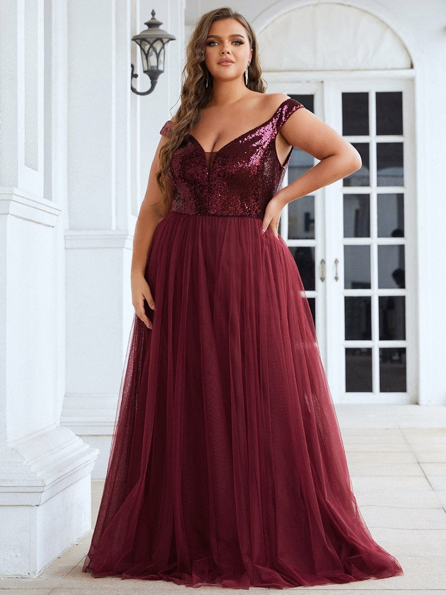 Custom Size A-line Sequin Off the Shoulder Maxi Tulle Evening Dress