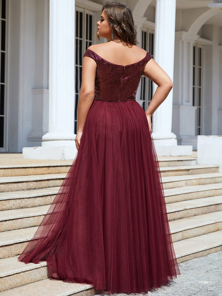 Custom Size A-line Sequin Off the Shoulder Maxi Tulle Evening Dress