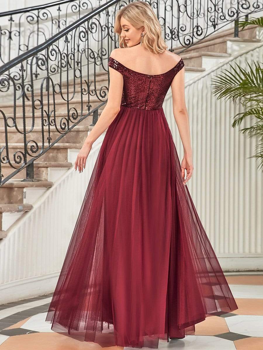 Shiny Sequin Bodice Off the Shoulder Maxi Tulle Evening Dress