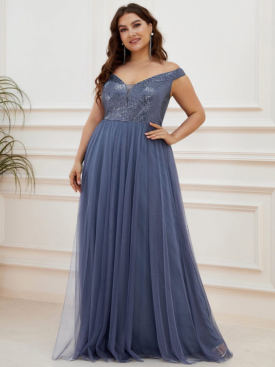 Custom Size A-line Sequin Off the Shoulder Maxi Tulle Evening Dress