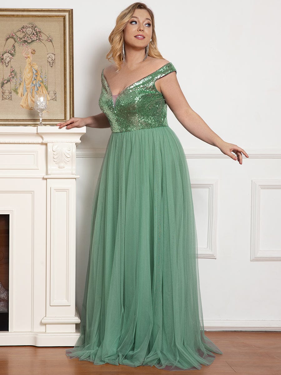 Custom Size A-line Sequin Off the Shoulder Maxi Tulle Evening Dress