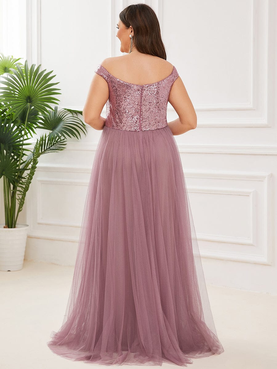 Custom Size A-line Sequin Off the Shoulder Maxi Tulle Evening Dress