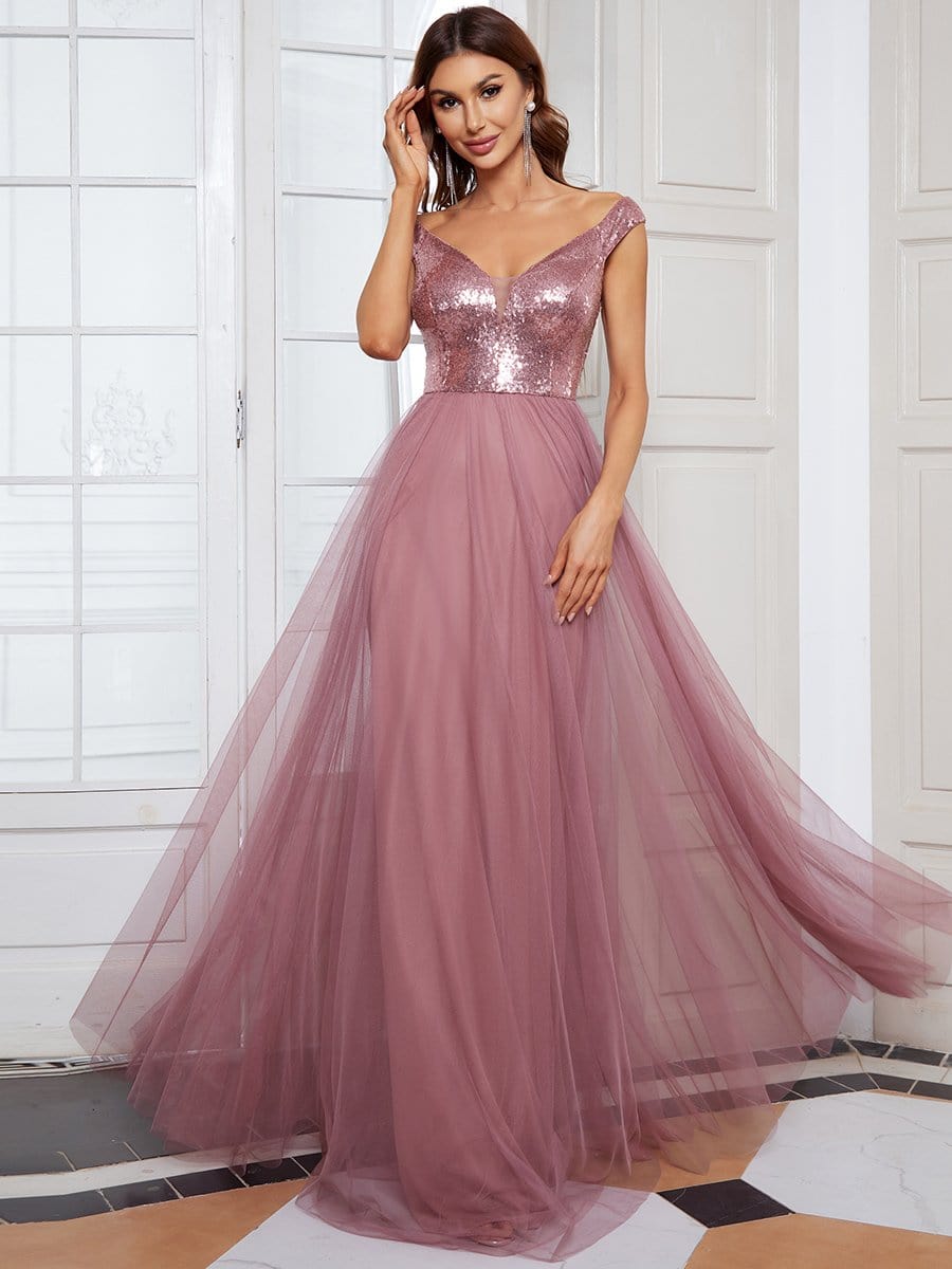 Shiny Sequin Bodice Off the Shoulder Maxi Tulle Evening Dress