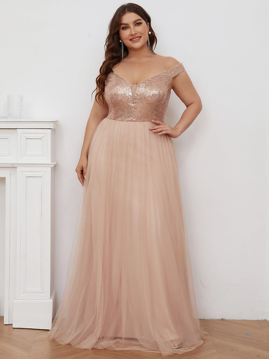 Custom Size A-line Sequin Off the Shoulder Maxi Tulle Evening Dress