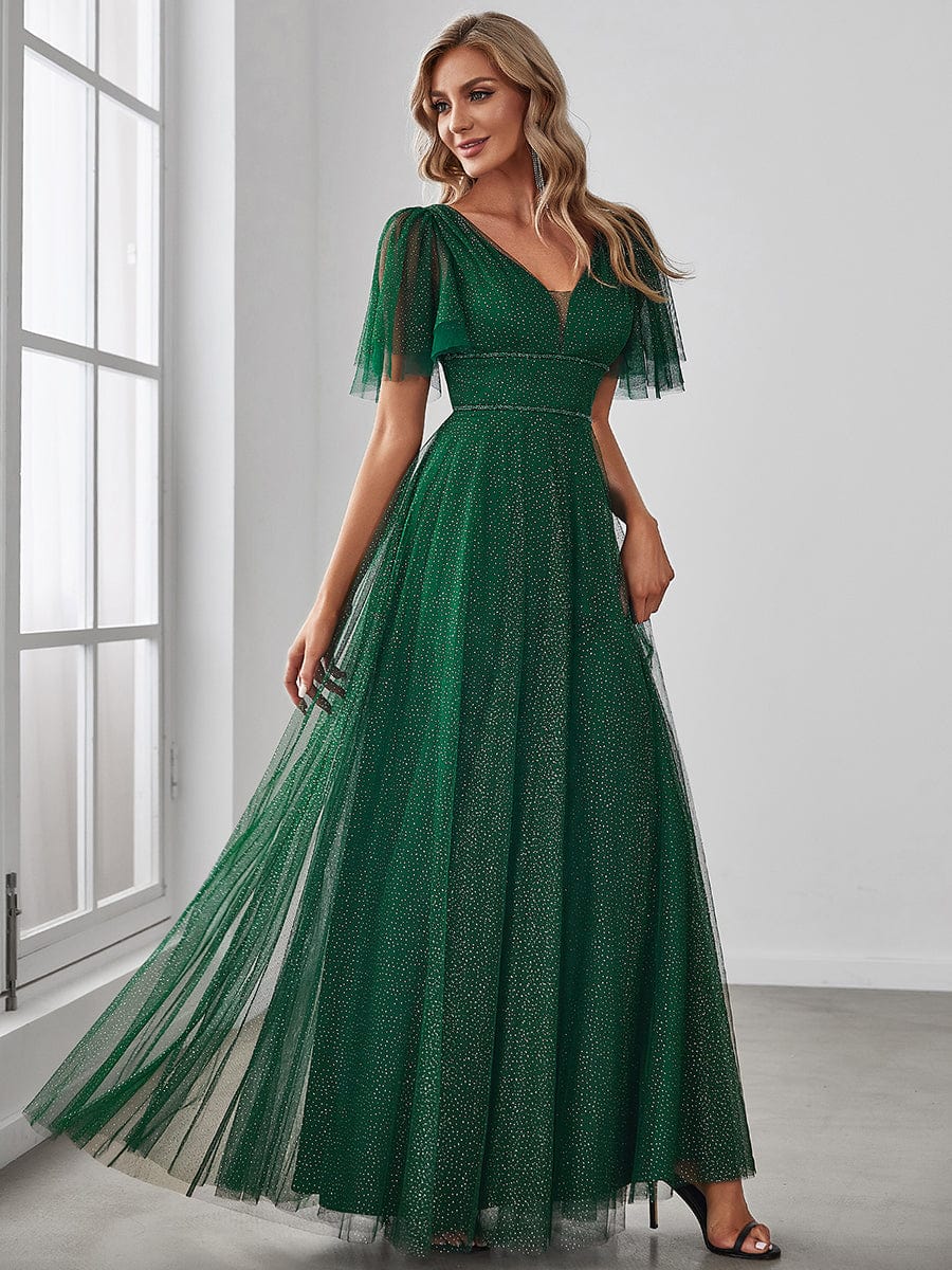 Romantic V Neck Tulle Evening Dress with Ruffle Sleeves