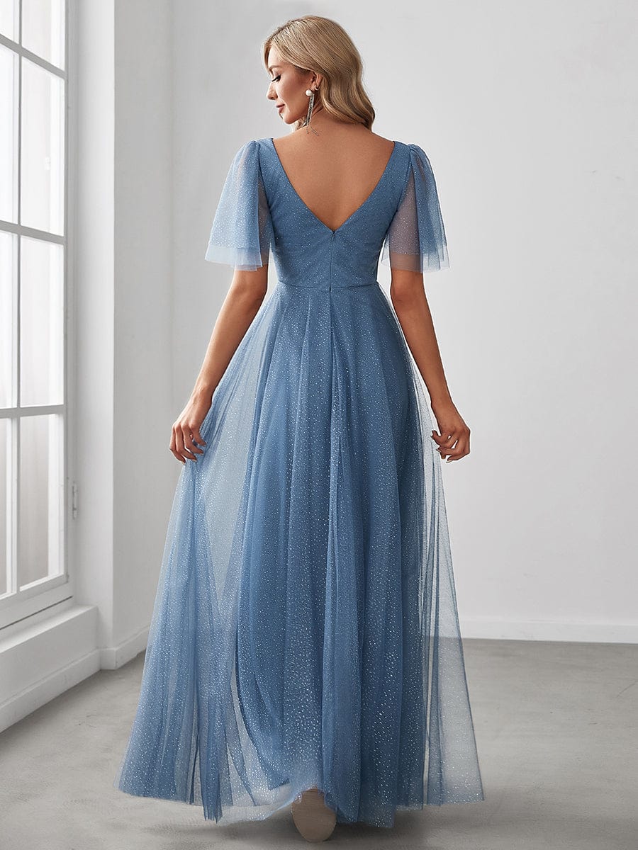 Romantic V Neck Tulle Evening Dress with Ruffle Sleeves