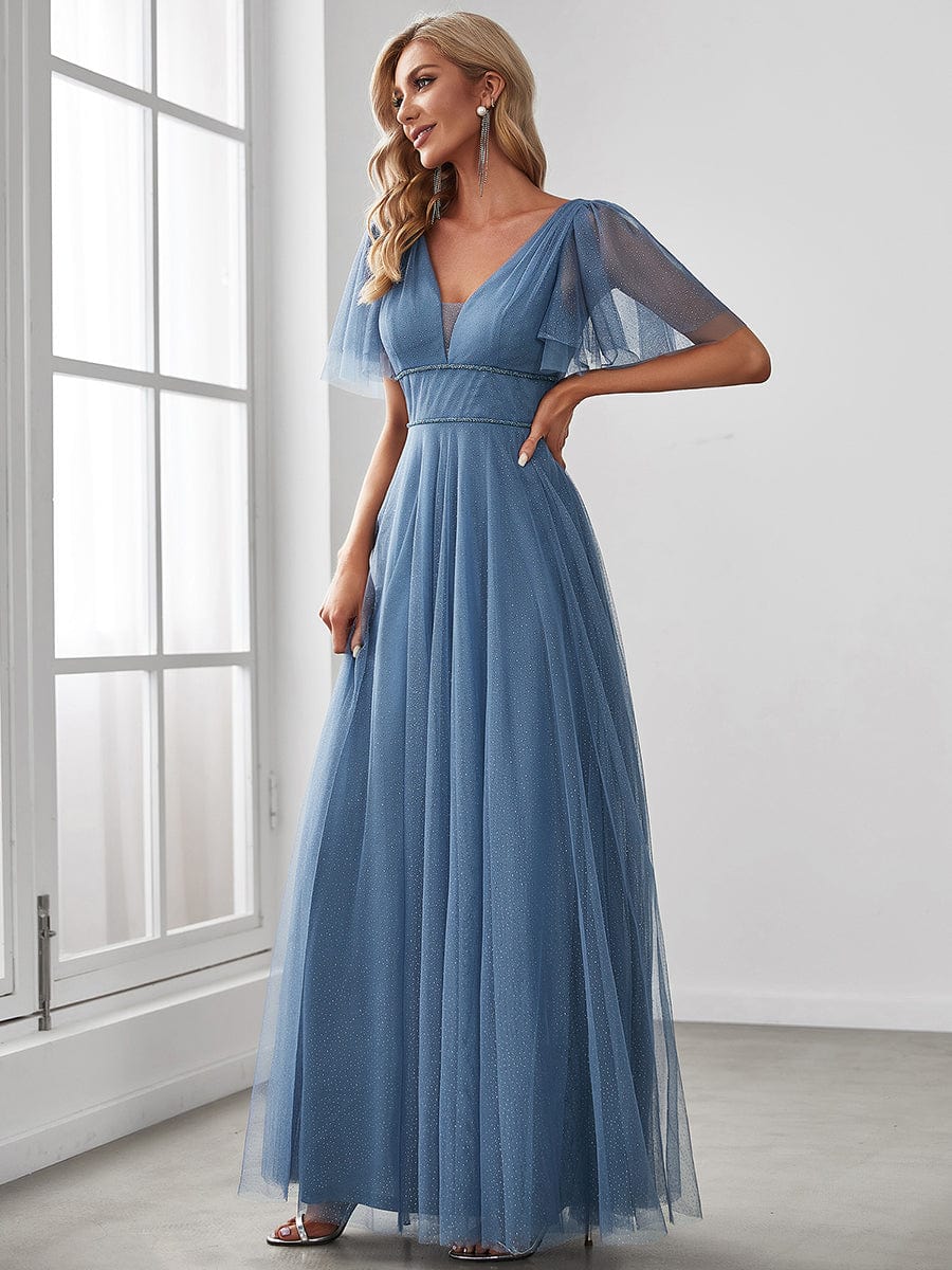 Romantic V Neck Tulle Evening Dress with Ruffle Sleeves