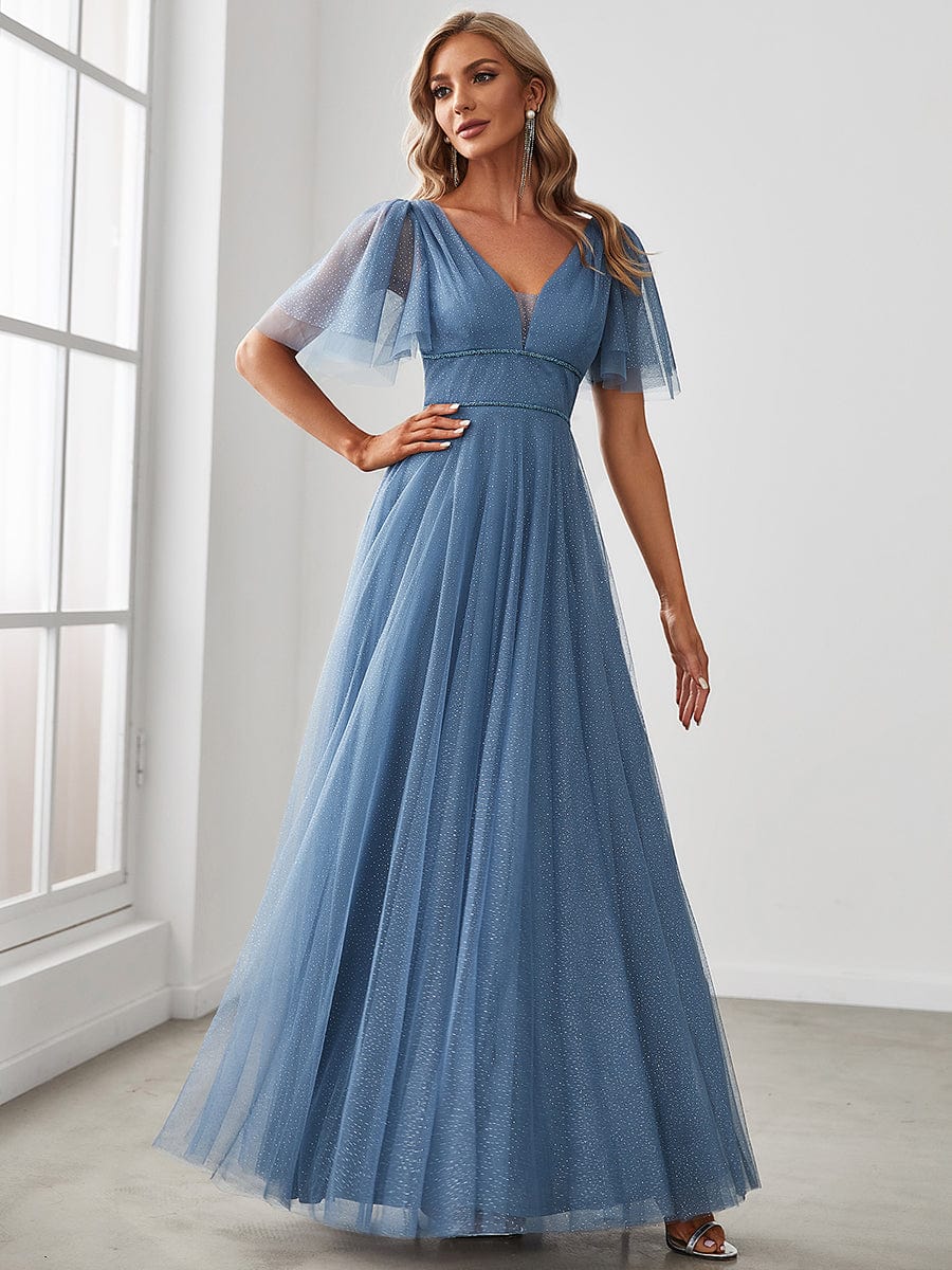 Romantic V Neck Tulle Evening Dress with Ruffle Sleeves