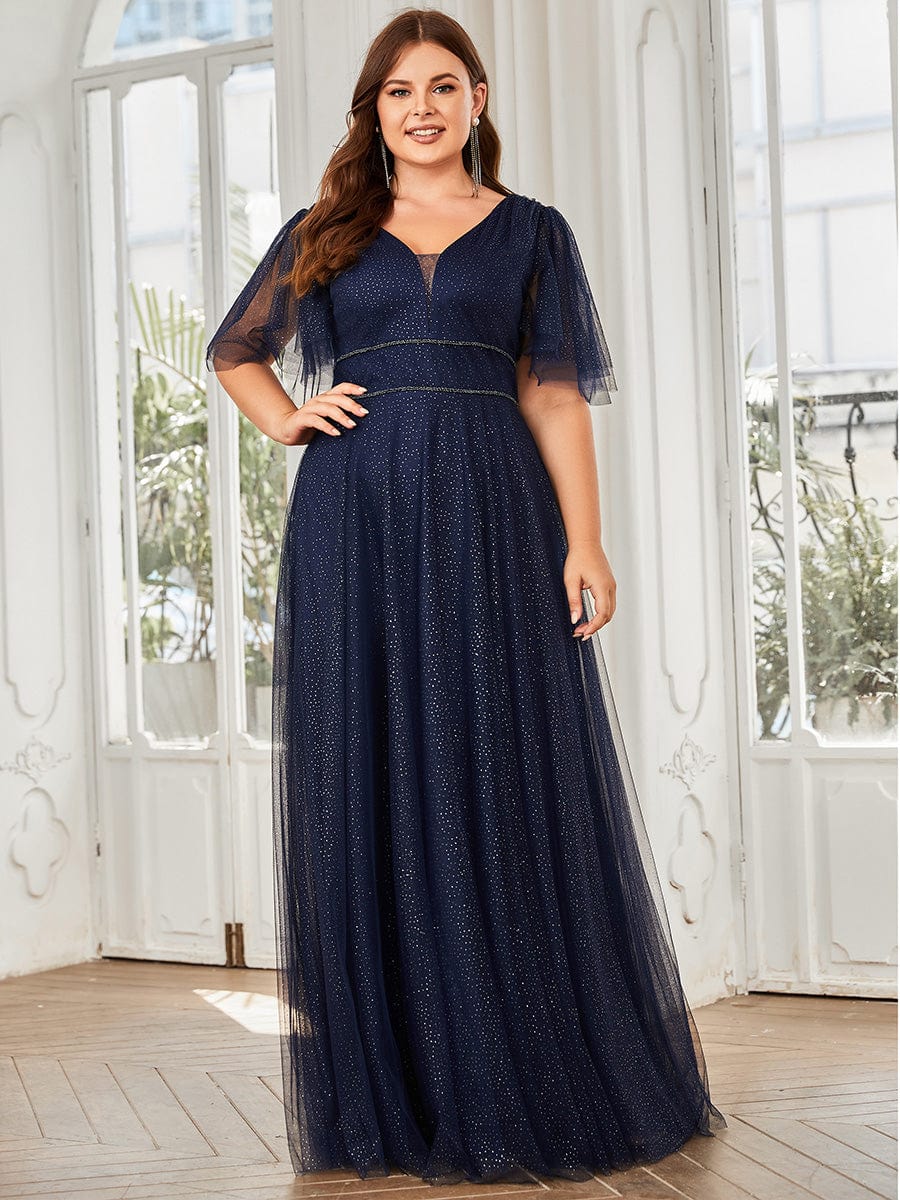 Plus Size V Neck Tulle Formal Evening Dress with Ruffle Sleeves