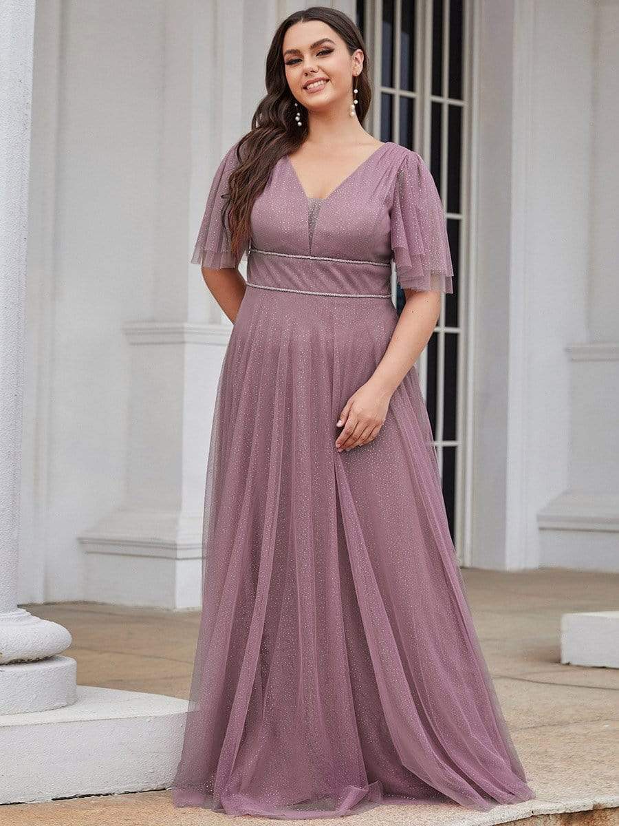 Romantic V Neck Tulle Evening Dress with Ruffle Sleeves